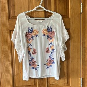 Umgee White/Blush Stripe Blouse with Floral Detail